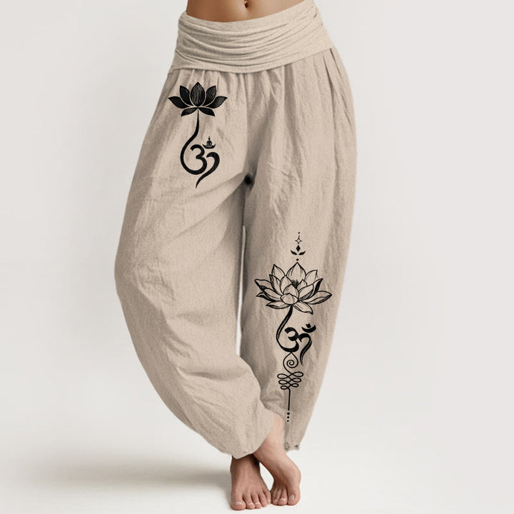 Buddha Stones Baumwoll-Haremshose mit Lotusblumen-Om-Muster und elastischem Bund für Damen - Bräunen - US16, UK/AU20, EU48 (3XL) - image 11