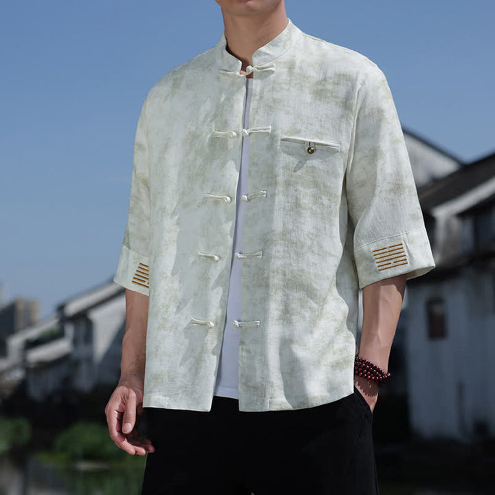Buddha Stones Leinenhemd mit Froschknopfleiste, meliertem Muster und Stickerei, kurzen Ärmeln, Tang-Anzug für Herren - Honigmelone - US/UK/AU46, EU56 (5XL) - image 0