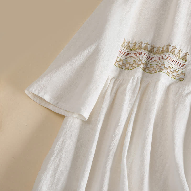 Buddha Stones -Stickerei, geometrisches Muster, halblange Ärmel, Damen-Midikleid mit Taschen - image 5