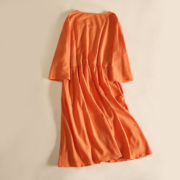 Buddha Stones -Stickerei, geometrisches Muster, halblange Ärmel, Damen-Midikleid mit Taschen - image 10