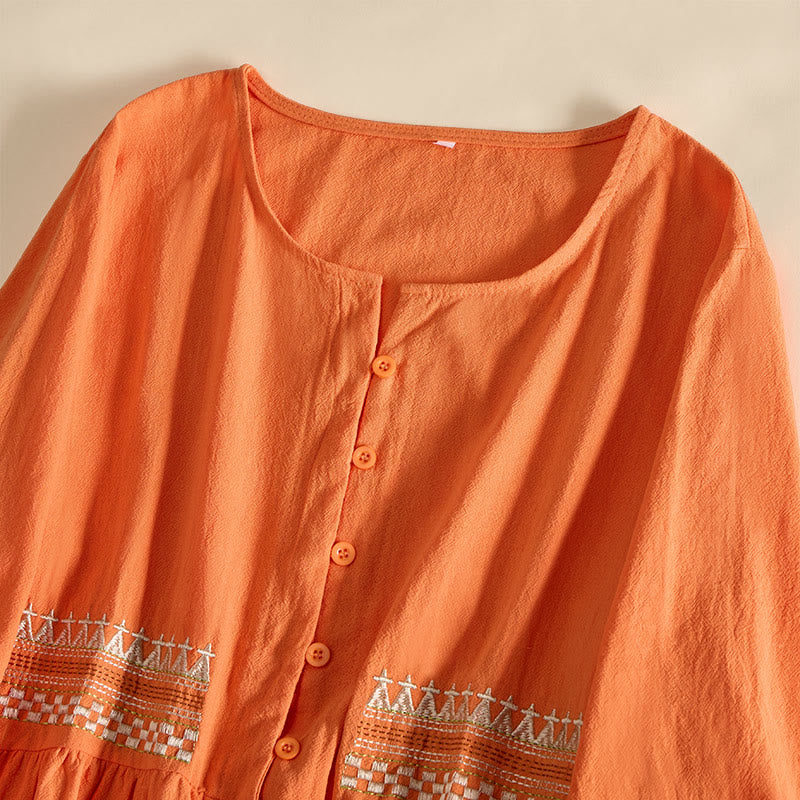 Buddha Stones -Stickerei, geometrisches Muster, halblange Ärmel, Damen-Midikleid mit Taschen - image 11