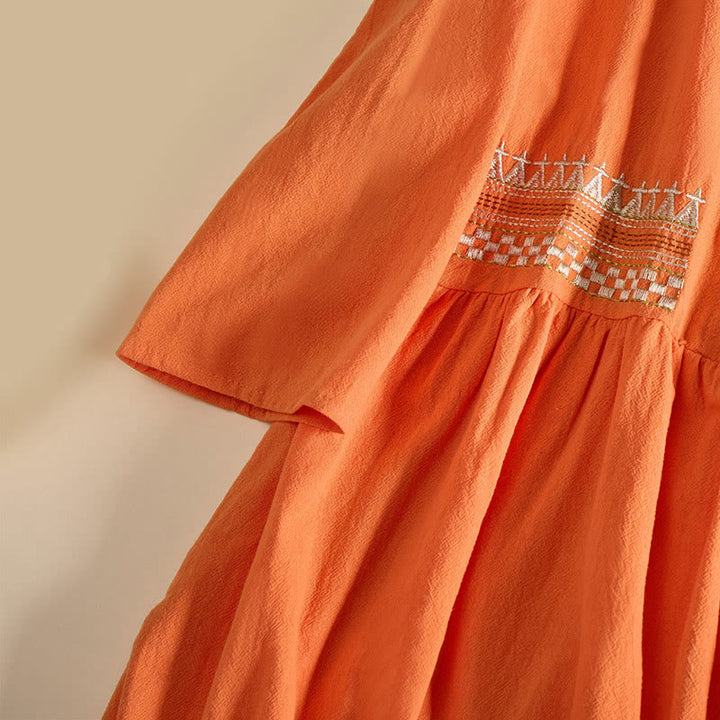 Buddha Stones -Stickerei, geometrisches Muster, halblange Ärmel, Damen-Midikleid mit Taschen - image 13