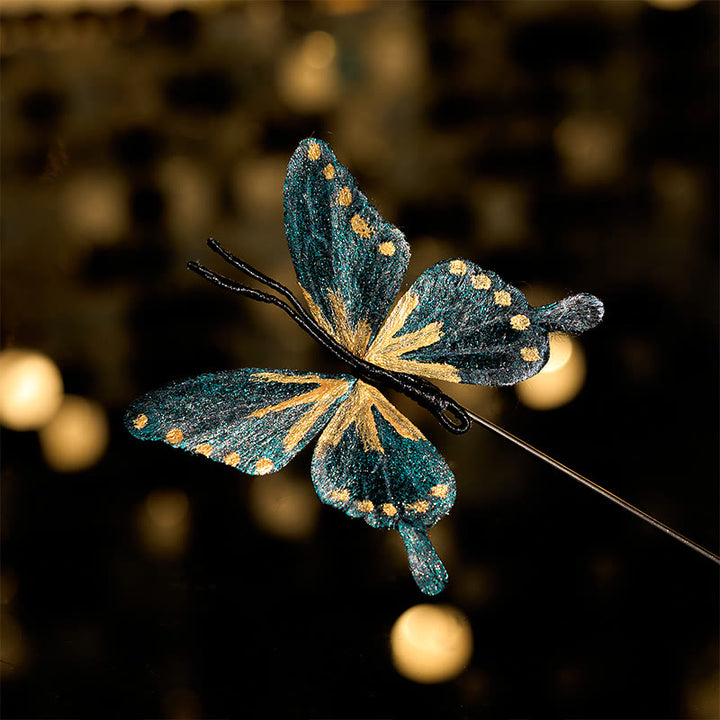 Buddha Stones Handgefertigte Brosche aus Seidenkunst-Samt mit goldblauem Schmetterlingsmotiv - Goldblauer Schmetterling, ca. 7-8 cm - image 0