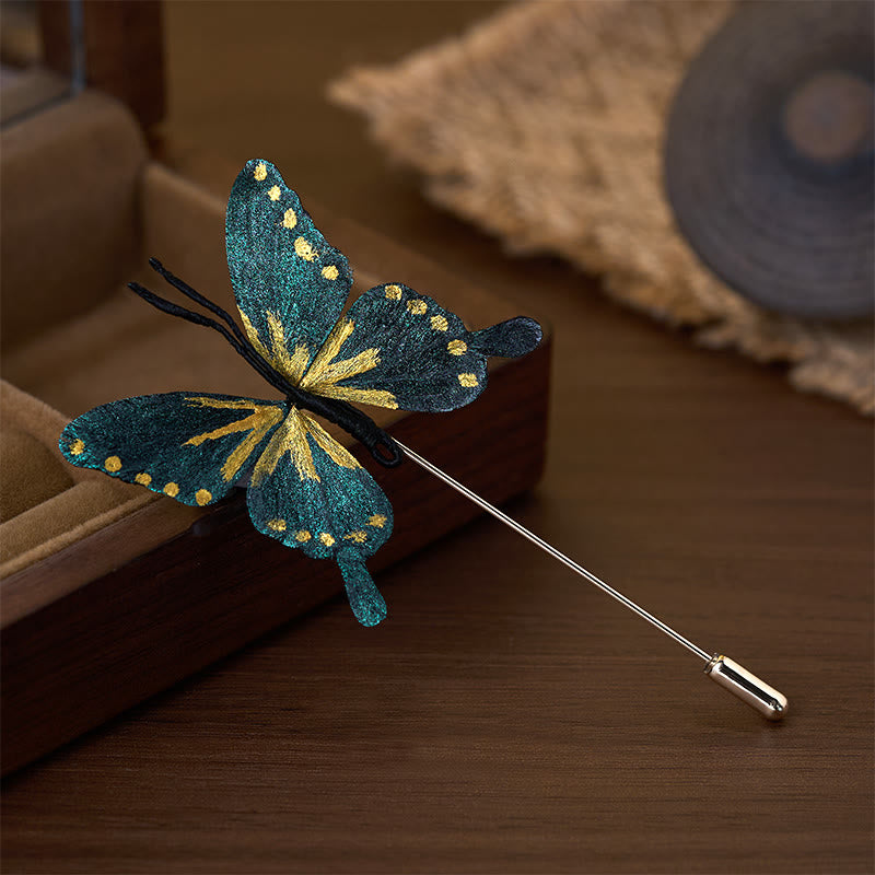 Buddha Stones Handgefertigte Brosche aus Seidenkunst-Samt mit goldblauem Schmetterlingsmotiv - image 1
