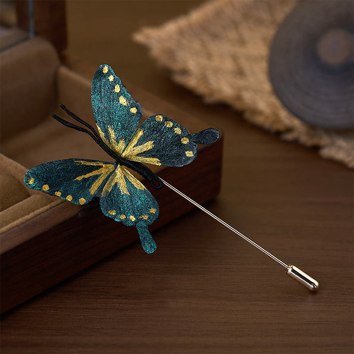 Buddha Stones Handgefertigte Brosche aus Seidenkunst-Samt mit goldblauem Schmetterlingsmotiv - image 1