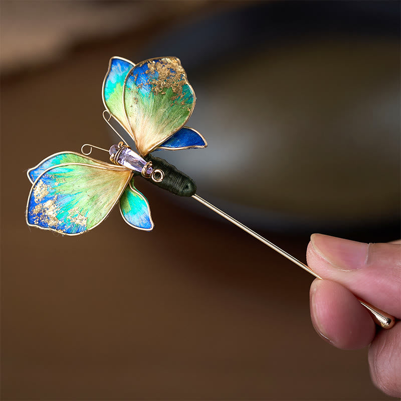 Buddha Stones Handgefertigte Brosche aus Seidenkunst-Samt mit blau-grünem Farbverlauf und Schmetterlingsmotiv - image 2