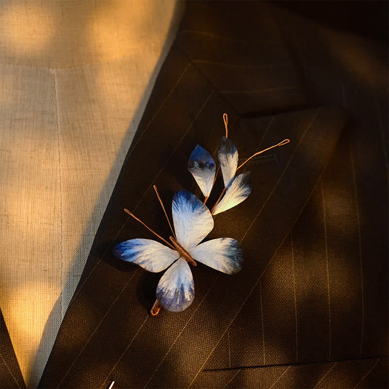 Buddha Stones Handgefertigte Brosche aus Seidenkunst-Samt mit weißer Schmetterlingsblume - image 3