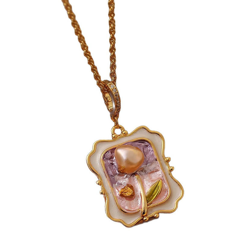 Buddha Stones Ölgemälde mit Blumenmotiv, Perlen-Kupfer-Halskette mit Heil-Anhänger - image 5