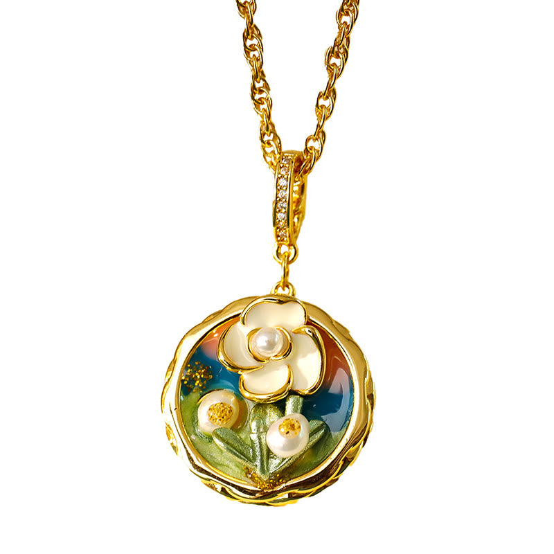 Buddha Stones Retro-Runder Anhänger aus Kupfer mit Blumenmotiv im Ölgemälde-Stil, der zu einer Reichtumskette führt - image 4