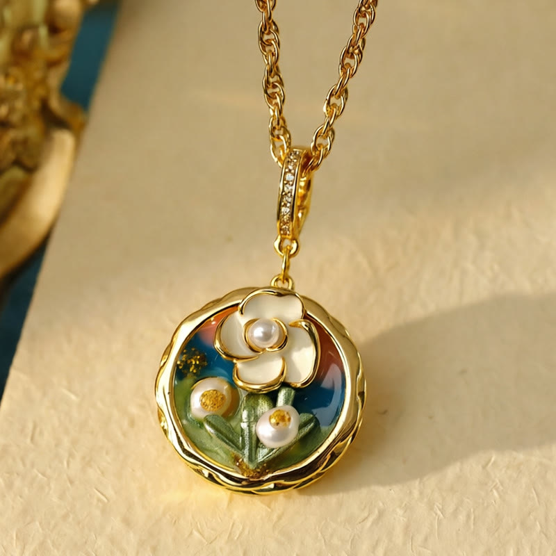 Buddha Stones Retro-Runder Anhänger aus Kupfer mit Blumenmotiv im Ölgemälde-Stil, der zu einer Reichtumskette führt - image 3