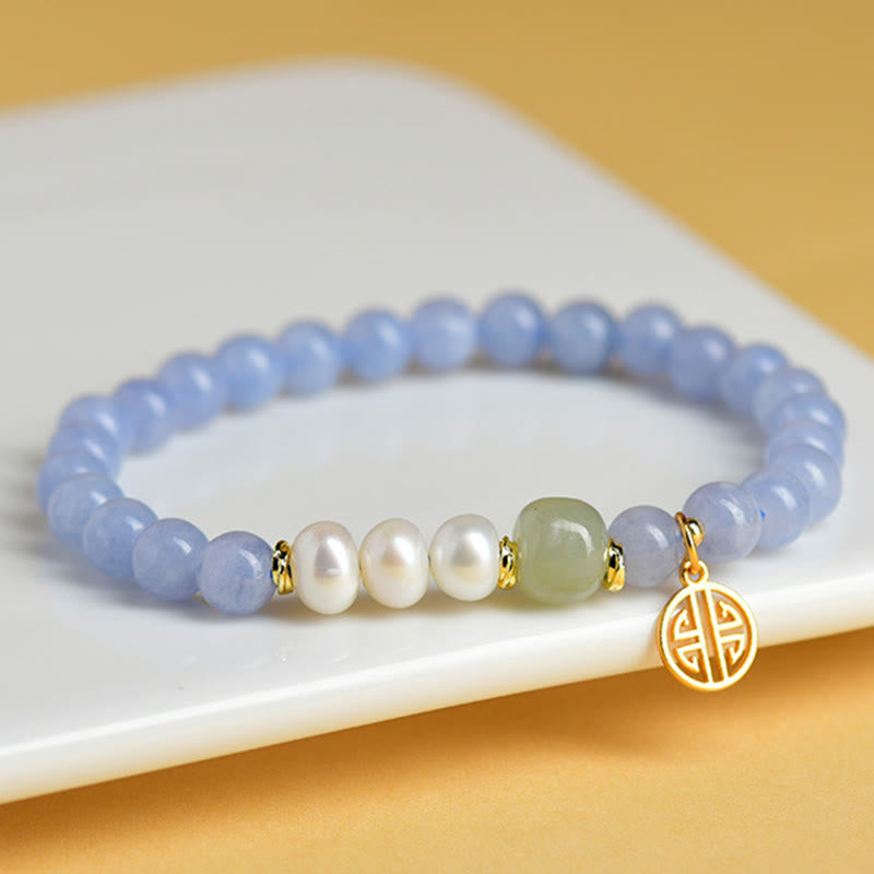 Buddha Stones Energiearmband aus blauen Chalcedonperlen - Blauer Chalcedon (Handgelenkumfang: 15-16 cm) - image 0