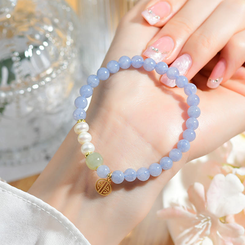 Buddha Stones Energiearmband aus blauen Chalcedonperlen - image 4