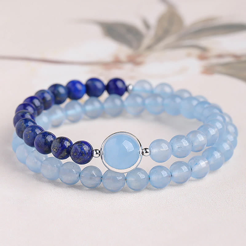 Buddha Stones Natürliches Heilarmband aus Aquamarin und Lapislazuli - Doppelt gewickeltes Armband (Handgelenkumfang: 14-15 cm) - image 1