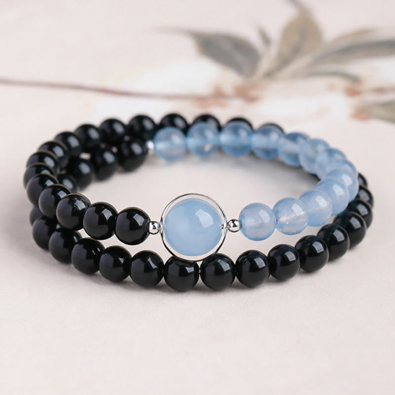 Buddha Stones Friedens- und Reinigungsarmband aus Aquamarin und schwarzem Obsidian - Doppelt gewickeltes Armband (Handgelenkumfang: 14-15 cm) - image 1