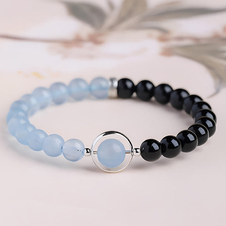Buddha Stones Friedens- und Reinigungsarmband aus Aquamarin und schwarzem Obsidian - Einfach gewickeltes Armband (Handgelenkumfang: 14-15 cm) - image 0