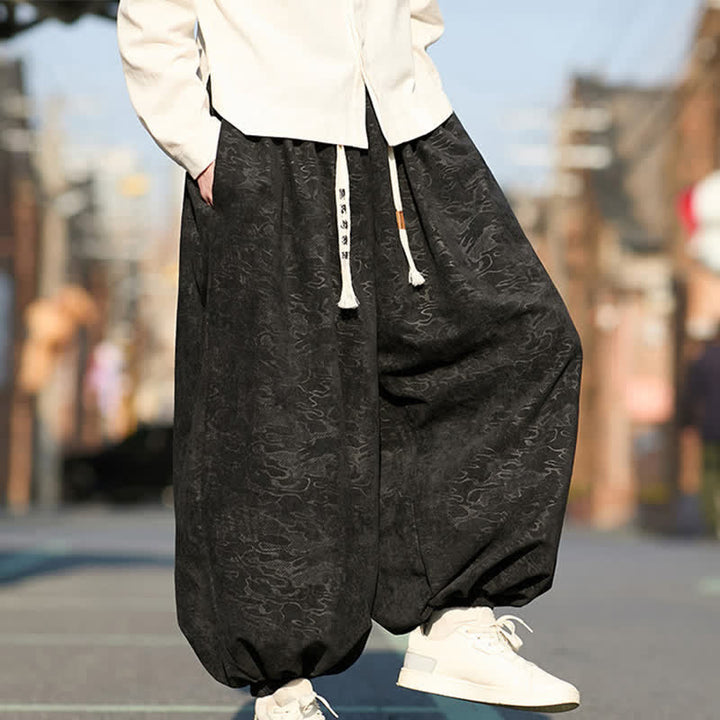 Buddha Stones Schwarze Jacquard-Haremshose für Herren mit elastischen Bündchen, Kordelzug und Taschen - image 7