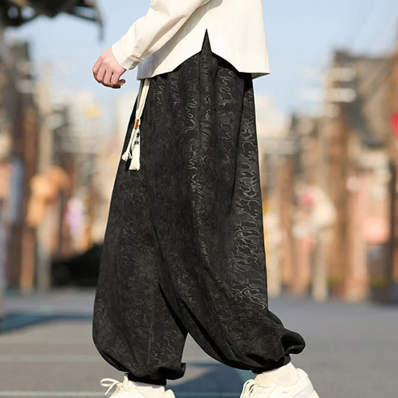 Buddha Stones Schwarze Jacquard-Haremshose für Herren mit elastischen Bündchen, Kordelzug und Taschen - image 4