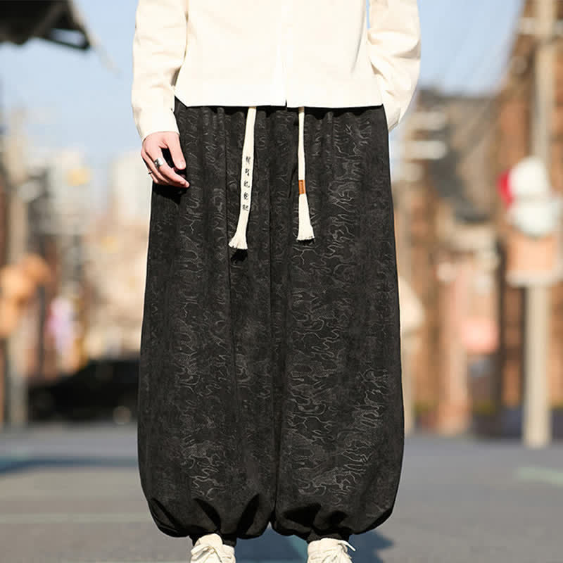 Buddha Stones Schwarze Jacquard-Haremshose für Herren mit elastischen Bündchen, Kordelzug und Taschen - image 0