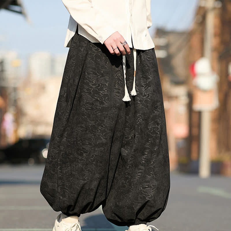 Buddha Stones Schwarze Jacquard-Haremshose für Herren mit elastischen Bündchen, Kordelzug und Taschen - image 3