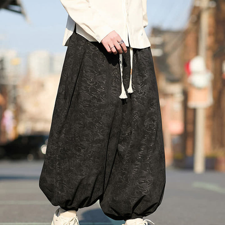 Buddha Stones Schwarze Jacquard-Haremshose für Herren mit elastischen Bündchen, Kordelzug und Taschen - image 3