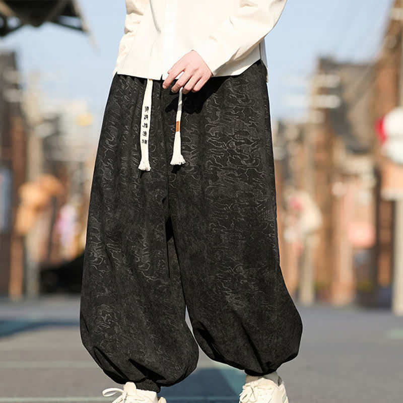 Buddha Stones Schwarze Jacquard-Haremshose für Herren mit elastischen Bündchen, Kordelzug und Taschen - image 1