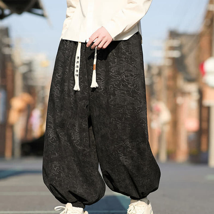 Buddha Stones Schwarze Jacquard-Haremshose für Herren mit elastischen Bündchen, Kordelzug und Taschen - image 1