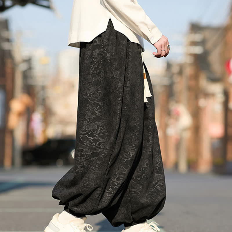 Buddha Stones Schwarze Jacquard-Haremshose für Herren mit elastischen Bündchen, Kordelzug und Taschen - image 6