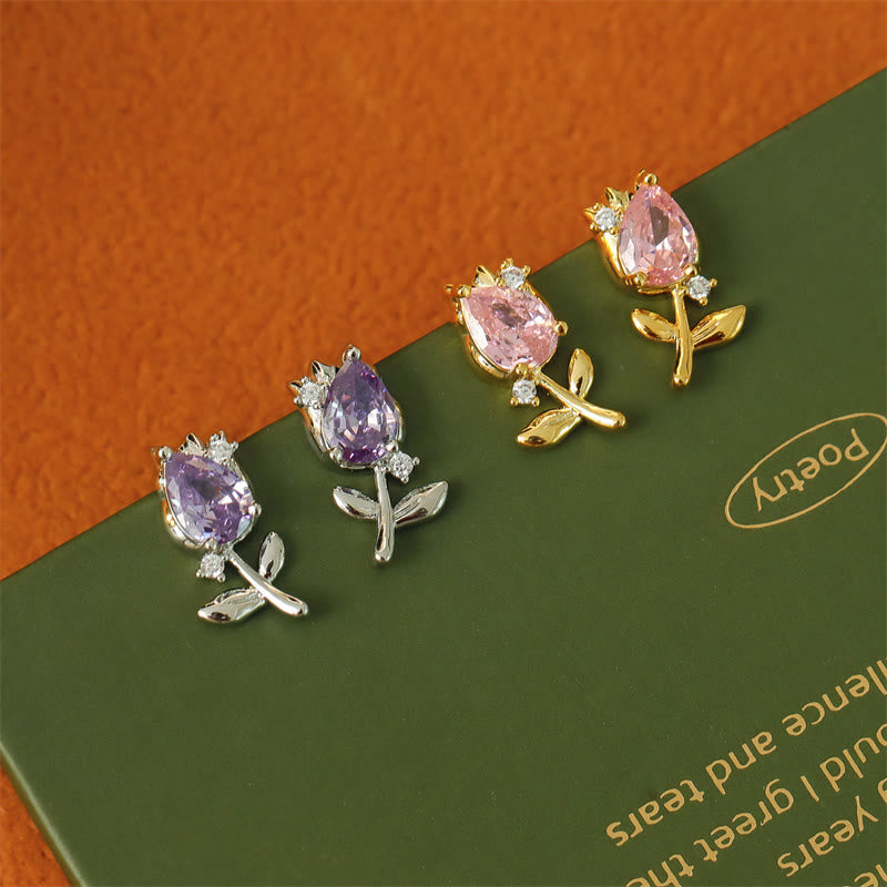Buddha Stones Ohrstecker mit rosa-violettem Tulpen-Zirkon-Kupfer-Heilstein - image 7