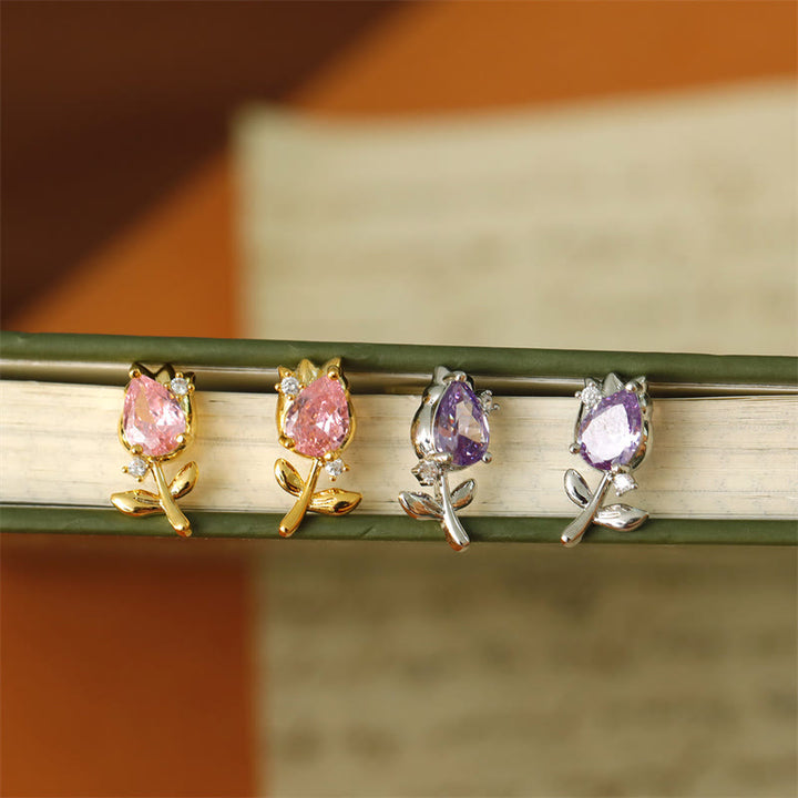 Buddha Stones Ohrstecker mit rosa-violettem Tulpen-Zirkon-Kupfer-Heilstein - image 0