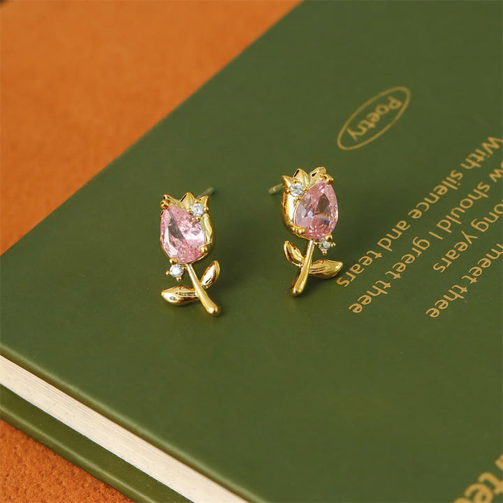 Buddha Stones Ohrstecker mit rosa-violettem Tulpen-Zirkon-Kupfer-Heilstein - image 2