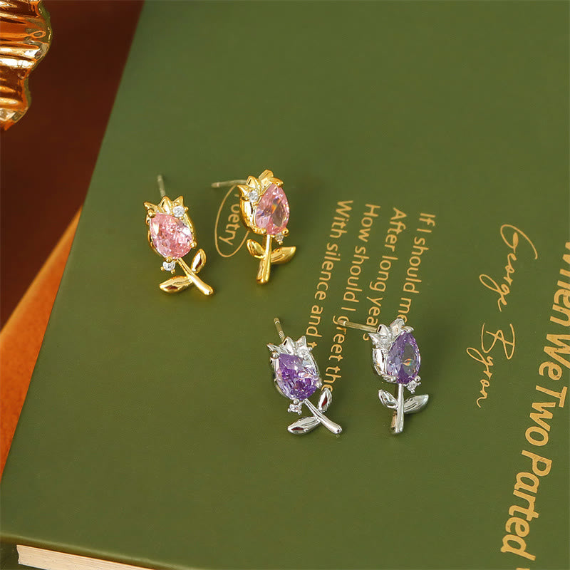 Buddha Stones Ohrstecker mit rosa-violettem Tulpen-Zirkon-Kupfer-Heilstein - image 8