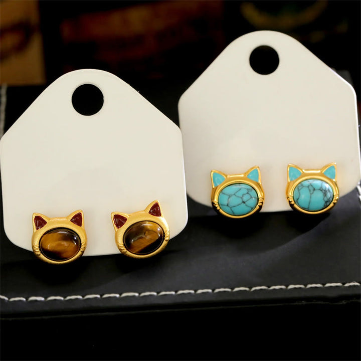 Buddha Stones Türkisfarbene Tigeraugen-Ohrstecker mit Katzenkopf-Design und Kupfer-Schutz - image 10