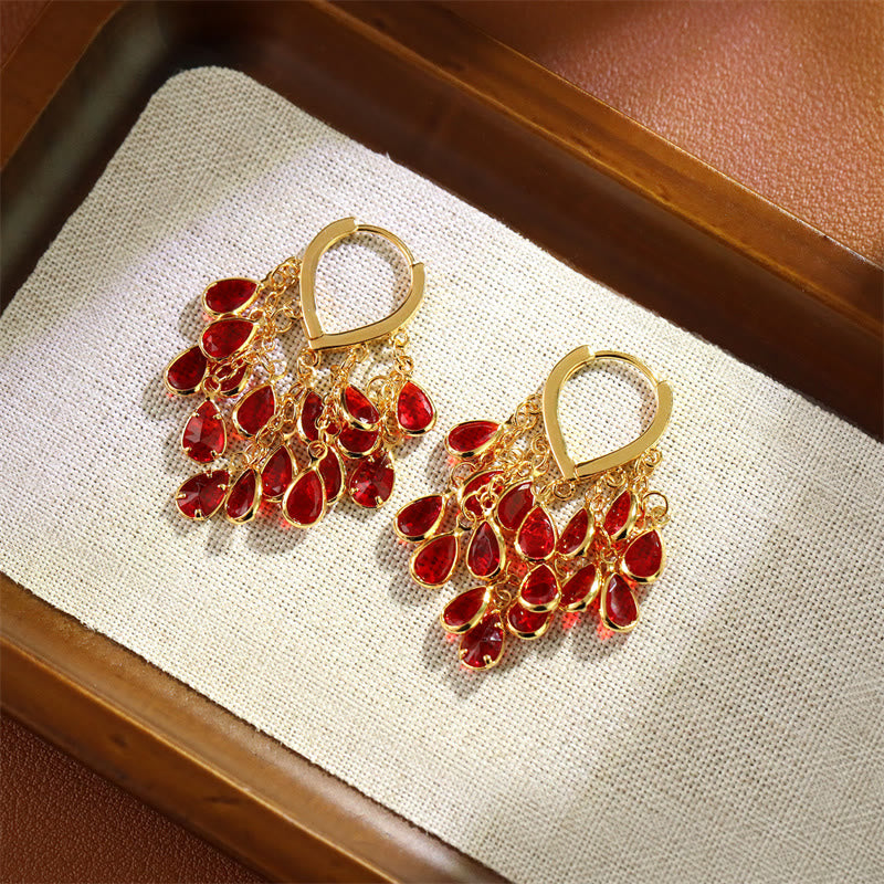 Buddha Stones Rote Wassertropfen-Quaste, heilende Kupfer-Creolen - image 1