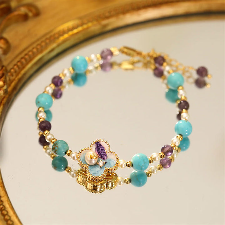 Buddha Stones Perlen-Türkis-Perlen-Blumenmuster-Kupfer-Glückskettenarmband - Blaue Perle (Naturperle, unregelmäßig und einzigartig) (Handgelenkumfang: 14-16 cm) - image 4