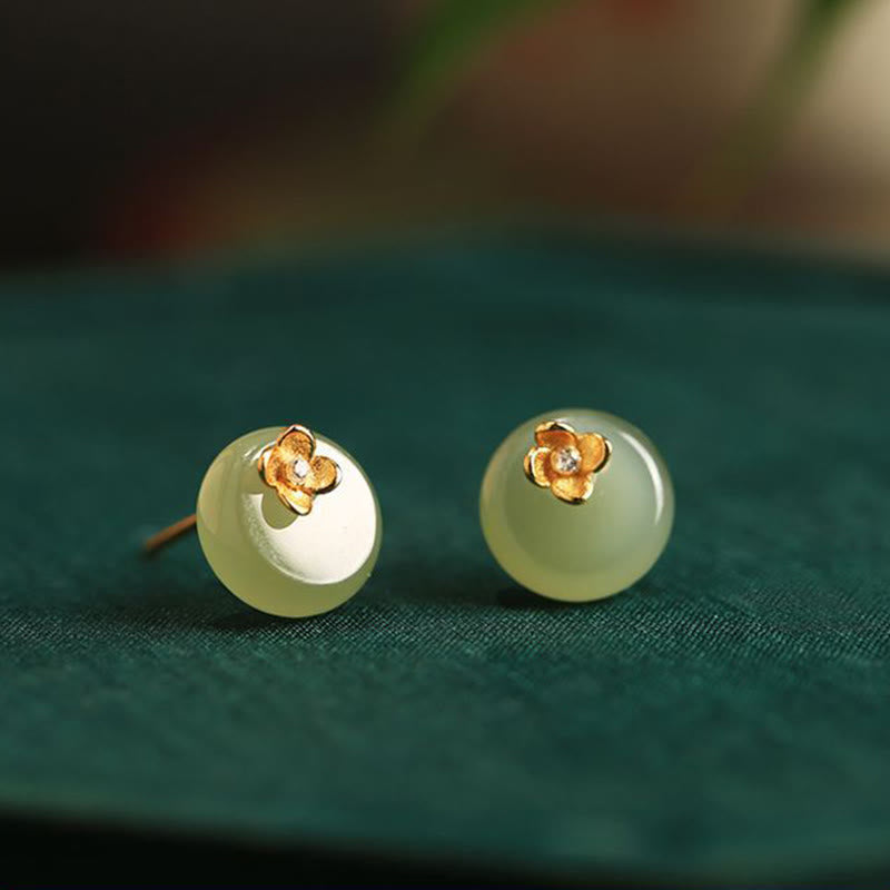 Buddha Stones Ohrringe „Blumenharmonie“ aus 925er Sterlingsilber und cyanfarbenem Jade-Jade - Cyan Jade (Ohrstecker aus 925er Sterlingsilber) - image 0