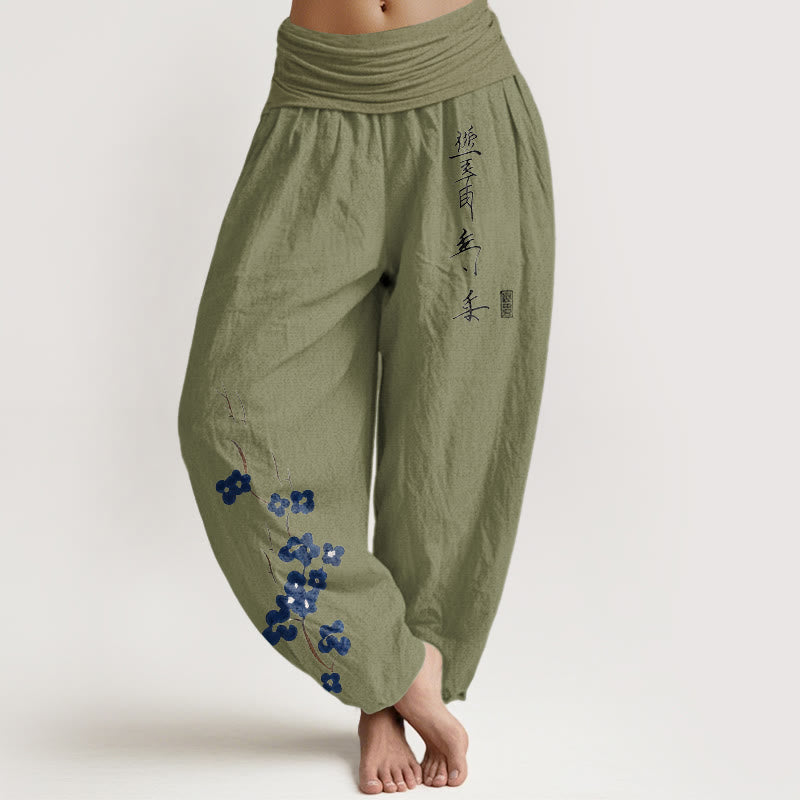 Buddha Stones Baumwoll-Haremshose mit Kalligrafiemuster und elastischem Bund, verziert mit Kalligrafie von Bosom. - Olivgrün - US16, UK/AU20, EU48 (3XL) - image 14