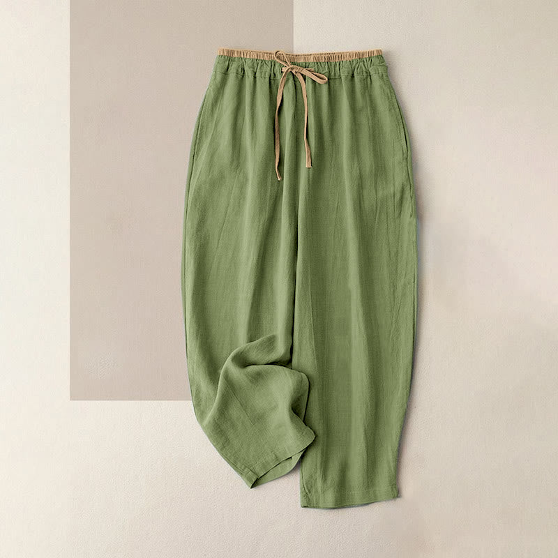 Buddha Stones Lässige, einfarbige Damenhose aus Baumwollleinen mit Kordelzug und Taschen - Hellgrün - US16, UK/AU20, EU48 (3XL) - image 8