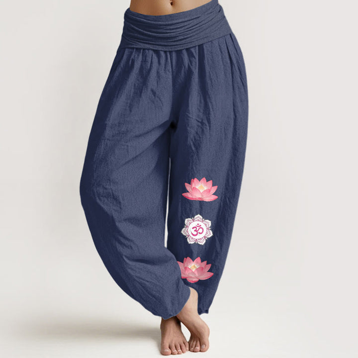 Buddha Stones Baumwoll-Haremshose mit Lotusblumenmuster und elastischem Bund für Damen - Dunkelschieferblau - US16, UK/AU20, EU48 (3XL) - image 0