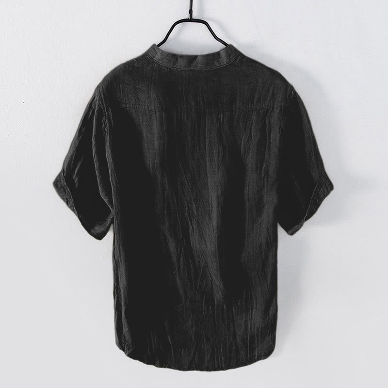 Buddha Stones Einfarbig Kurzarm Halbknopf Hemd Baumwollleinen Herren Kleidung - image 22