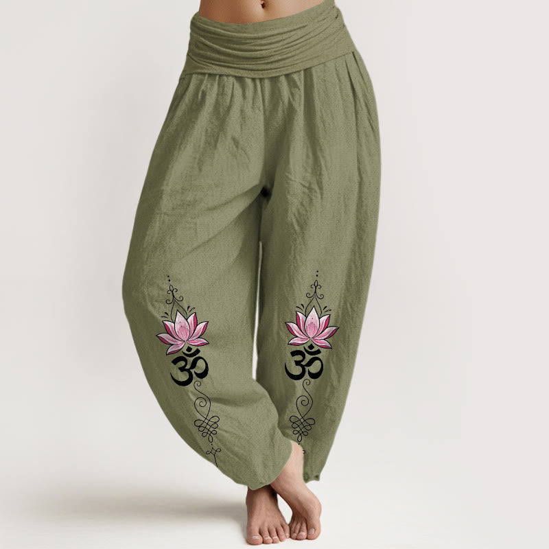Buddha Stones Baumwoll-Haremshose mit OM-Sanskrit-Design, Lotusblumenmuster und elastischem Bund für Damen - Olivgrün - US16, UK/AU20, EU48 (3XL) - image 0