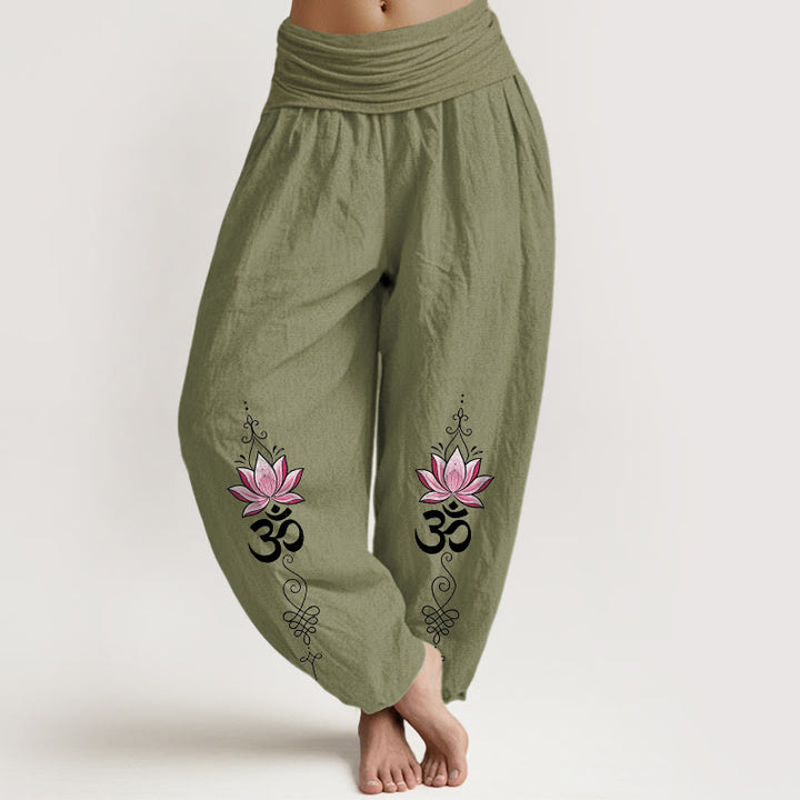 Buddha Stones Baumwoll-Haremshose mit OM-Sanskrit-Design, Lotusblumenmuster und elastischem Bund für Damen - Olivgrün - US16, UK/AU20, EU48 (3XL) - image 0