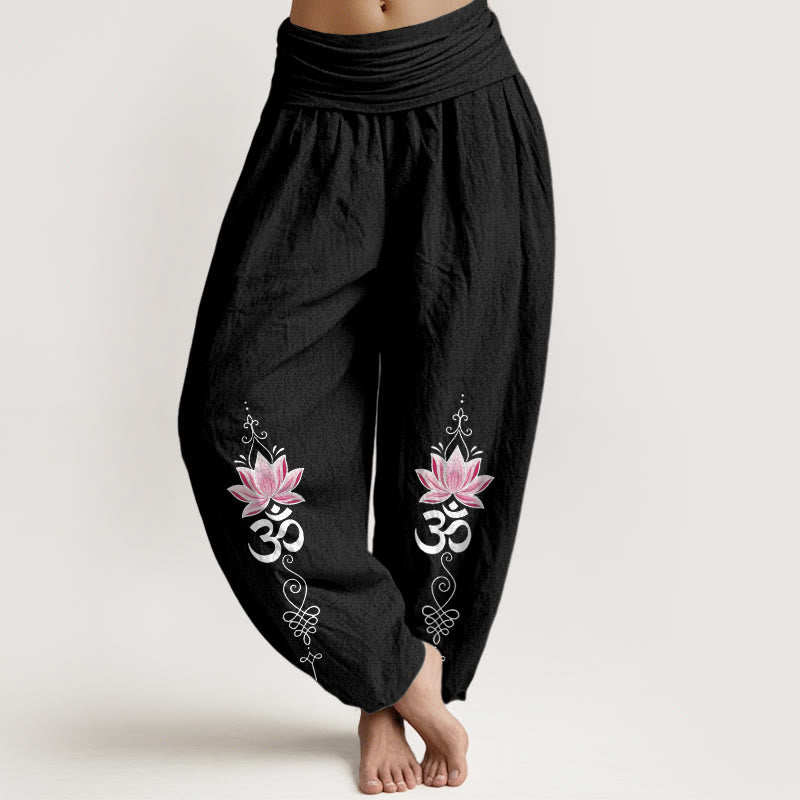 Buddha Stones Baumwoll-Haremshose mit OM-Sanskrit-Design, Lotusblumenmuster und elastischem Bund für Damen - Schwarz - US16, UK/AU20, EU48 (3XL) - image 5