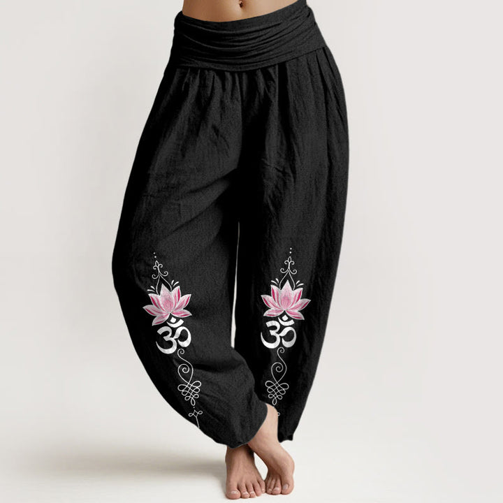 Buddha Stones Baumwoll-Haremshose mit OM-Sanskrit-Design, Lotusblumenmuster und elastischem Bund für Damen - Schwarz - US16, UK/AU20, EU48 (3XL) - image 5