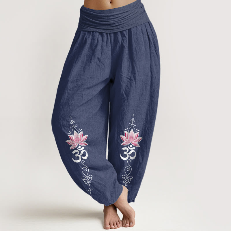Buddha Stones Baumwoll-Haremshose mit OM-Sanskrit-Design, Lotusblumenmuster und elastischem Bund für Damen - Dunkelschieferblau - US16, UK/AU20, EU48 (3XL) - image 8