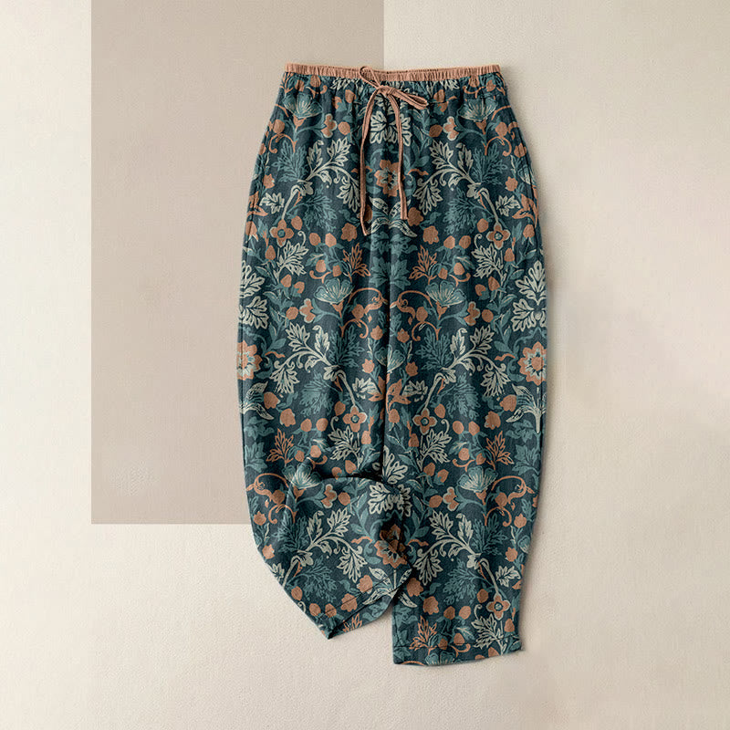 Buddha Stones Lässige Damenhose aus Baumwolle mit Blumen- und Rankenmuster, elastischem Bund und Taschen - Kadettenblau - US16, UK/AU20, EU48 (3XL) - image 0
