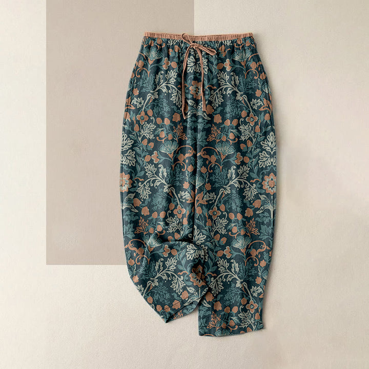 Buddha Stones Lässige Damenhose aus Baumwolle mit Blumen- und Rankenmuster, elastischem Bund und Taschen - Kadettenblau - US16, UK/AU20, EU48 (3XL) - image 0