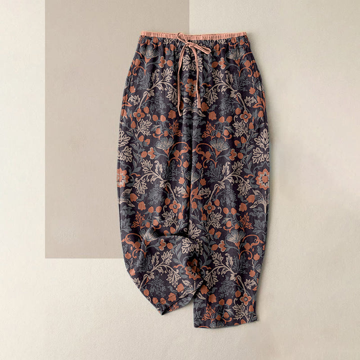 Buddha Stones Lässige Damenhose aus Baumwolle mit Blumen- und Rankenmuster, elastischem Bund und Taschen - RosyBrown - US16, UK/AU20, EU48 (3XL) - image 4