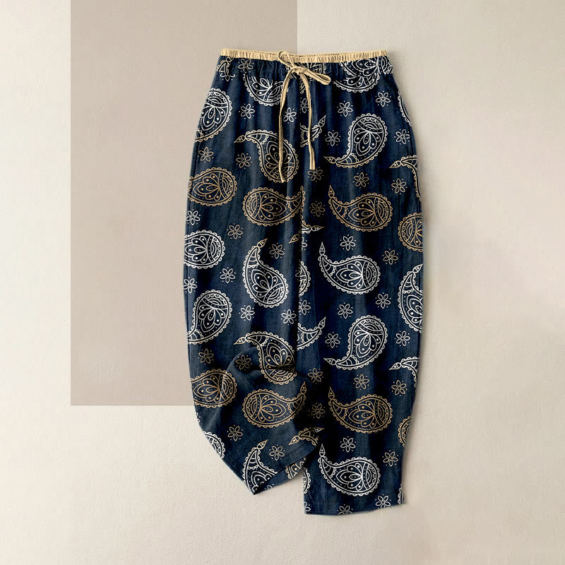 Buddha Stones Elegante Damenhose aus reiner Baumwolle mit Paisley-Muster, elastischem Bund und Taschen - Dunkelblau - US16, UK/AU20, EU48 (3XL) - image 0