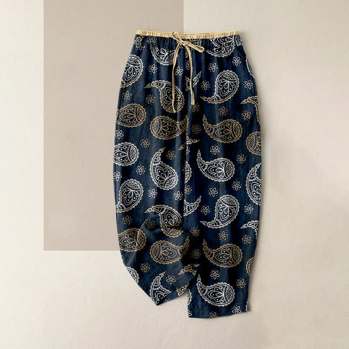 Buddha Stones Elegante Damenhose aus reiner Baumwolle mit Paisley-Muster, elastischem Bund und Taschen - Dunkelblau - US16, UK/AU20, EU48 (3XL) - image 0