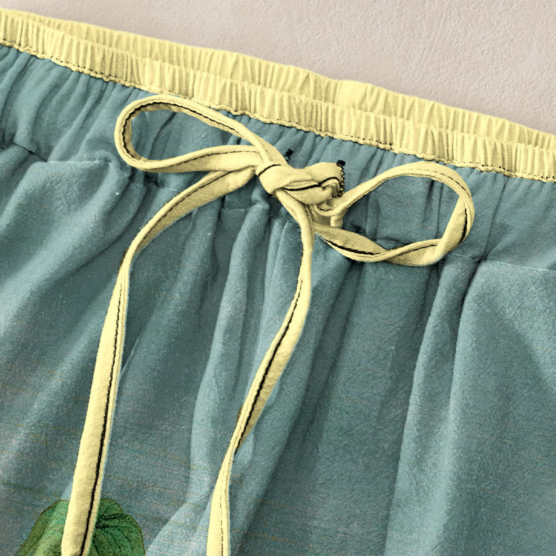 Buddha Stones Damenhose aus reiner Baumwolle mit Naturlandschaftsmuster, elastischem Bund und Taschen - image 1